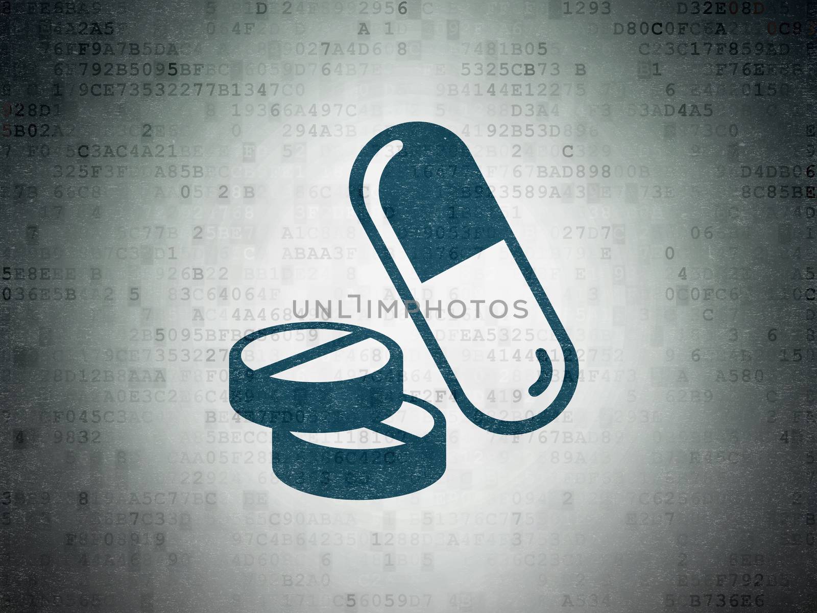 Health concept: Painted blue Pills icon on Digital Data Paper background