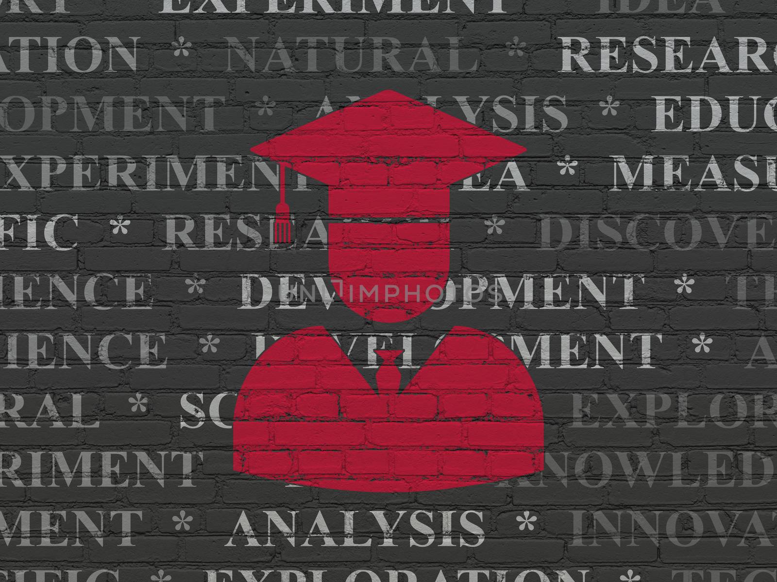 Science concept: Painted red Student icon on Black Brick wall background with  Tag Cloud