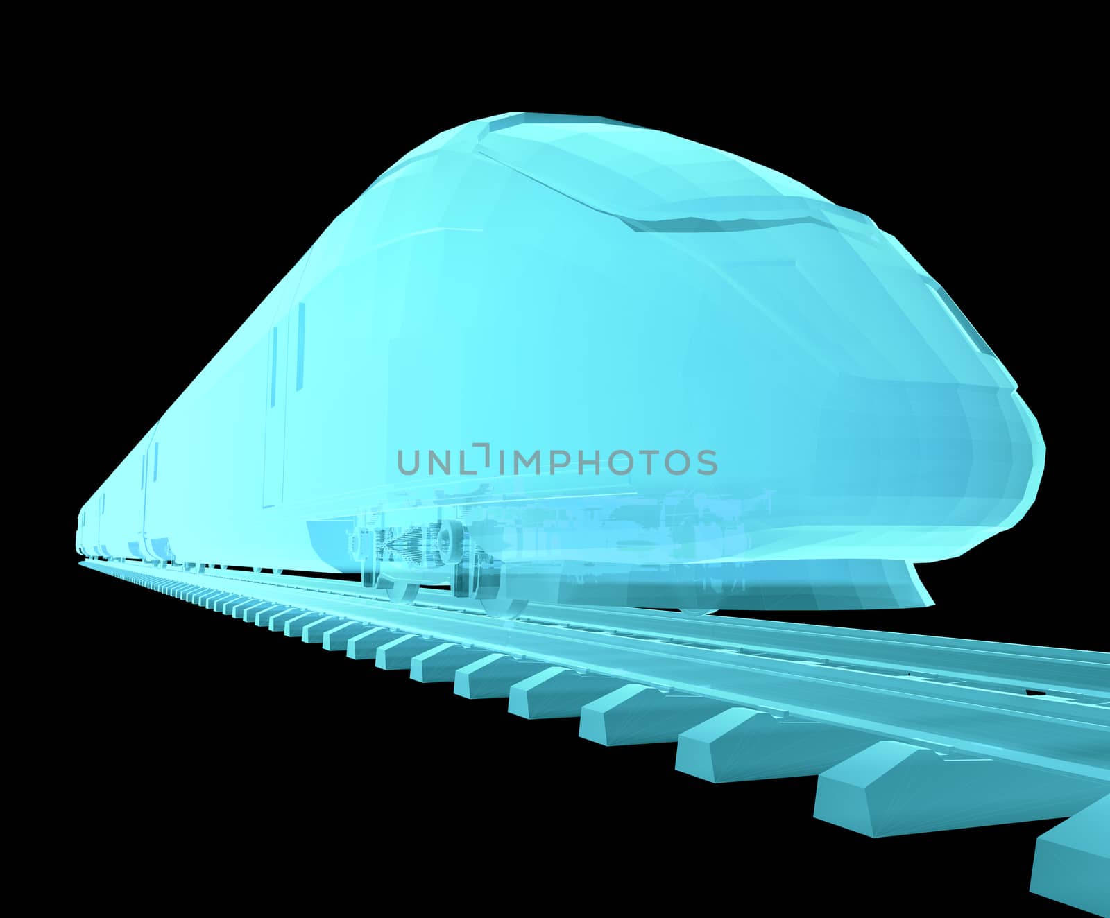 Glow blue high-speed train on black background. 3d illustration