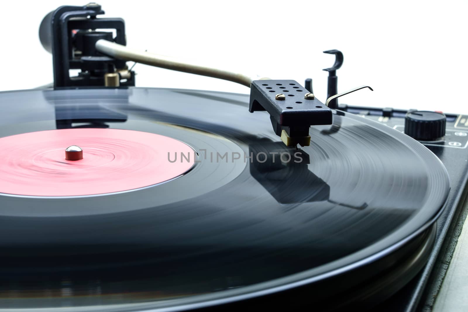 Retro party dj turntable to play music on vinyl audio disc.Hifi audiophile turn table device. by prostophotos