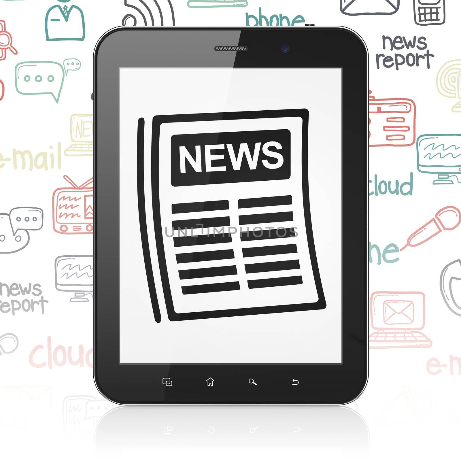 News concept: Tablet Computer with  black Newspaper icon on display,  Hand Drawn News Icons background, 3D rendering