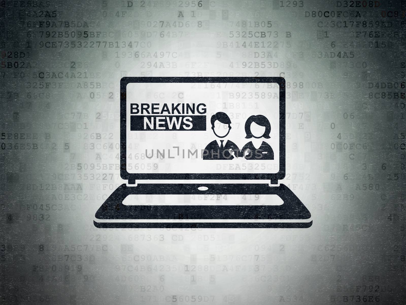 News concept: Painted black Breaking News On Laptop icon on Digital Data Paper background