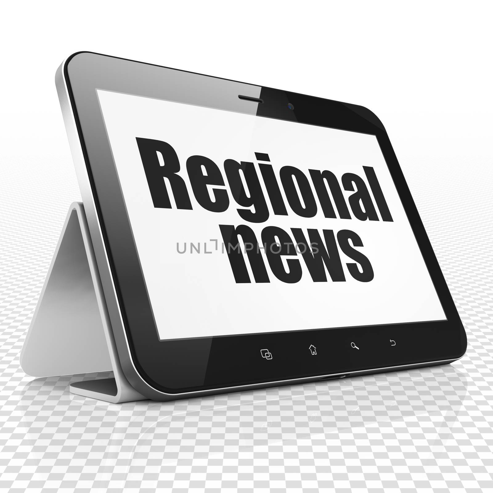 News concept: Tablet Computer with black text Regional News on display, 3D rendering
