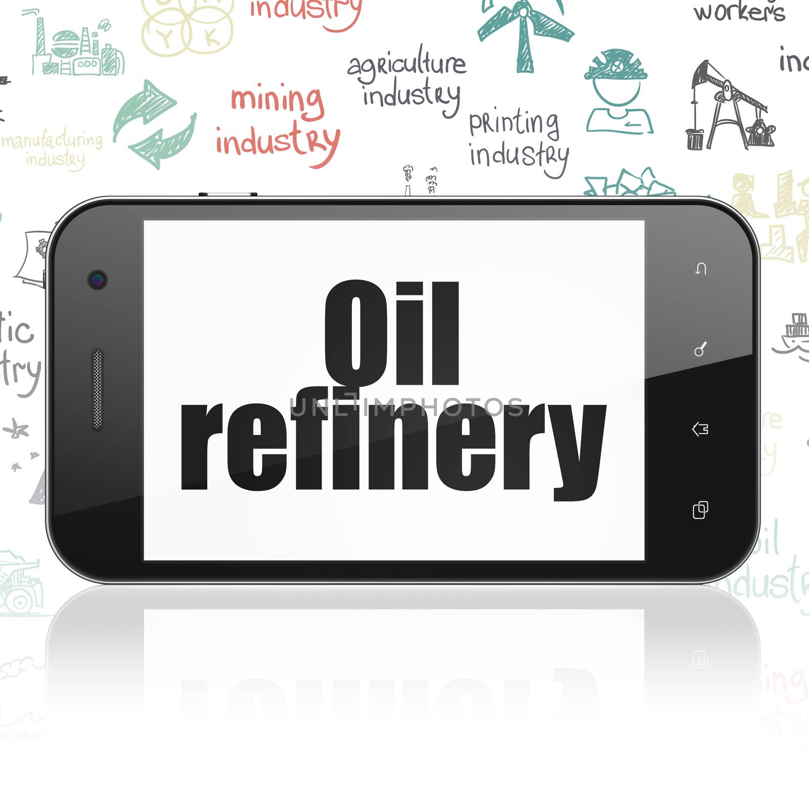 Industry concept: Smartphone with  black text Oil Refinery on display,  Hand Drawn Industry Icons background, 3D rendering