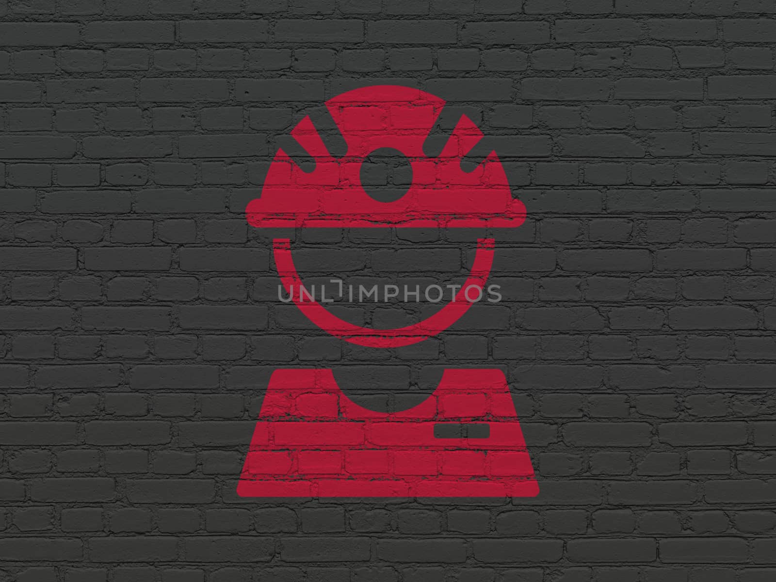 Industry concept: Painted red Factory Worker icon on Black Brick wall background