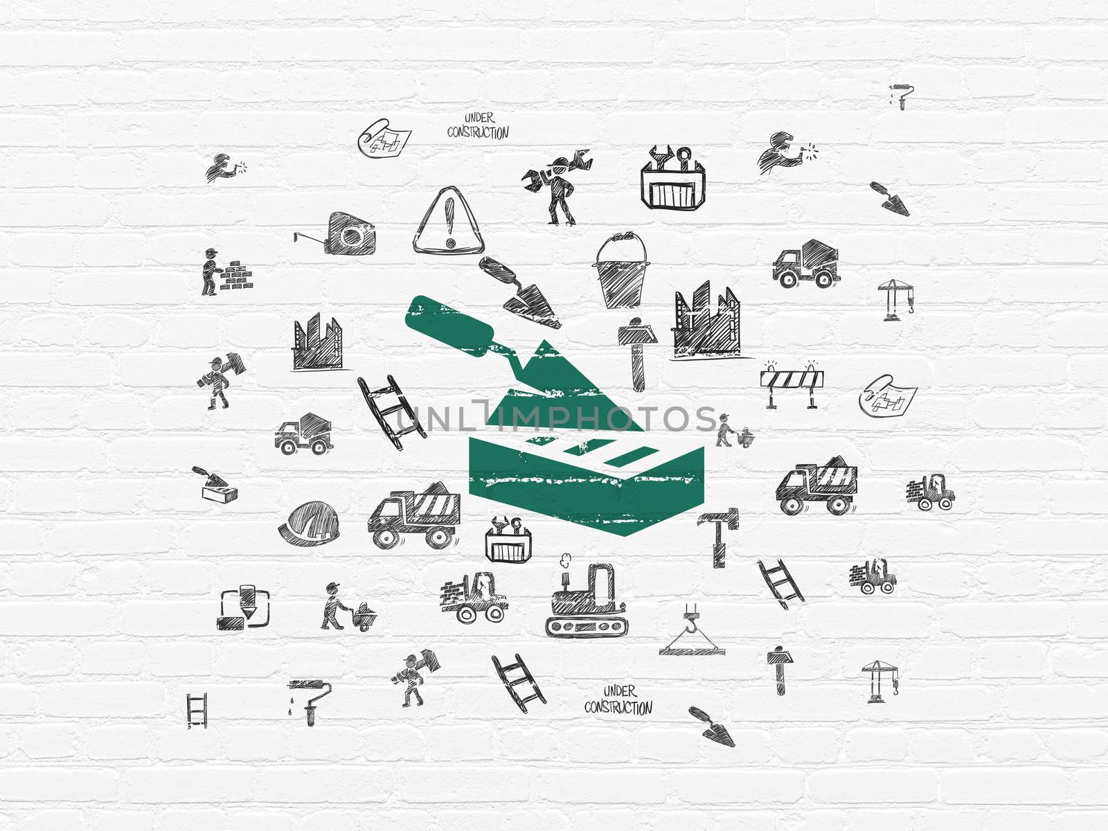 Construction concept: Painted green Brick Wall icon on White Brick wall background with  Hand Drawn Building Icons