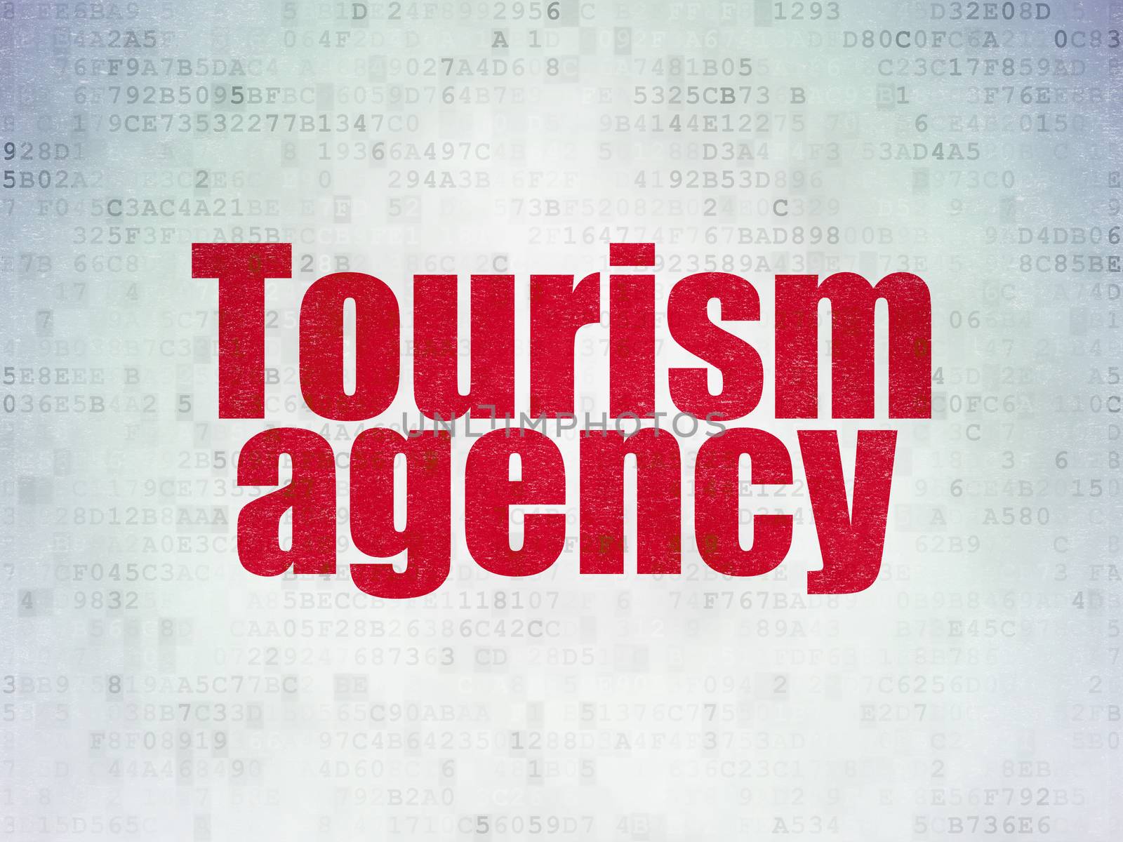 Travel concept: Painted red word Tourism Agency on Digital Data Paper background
