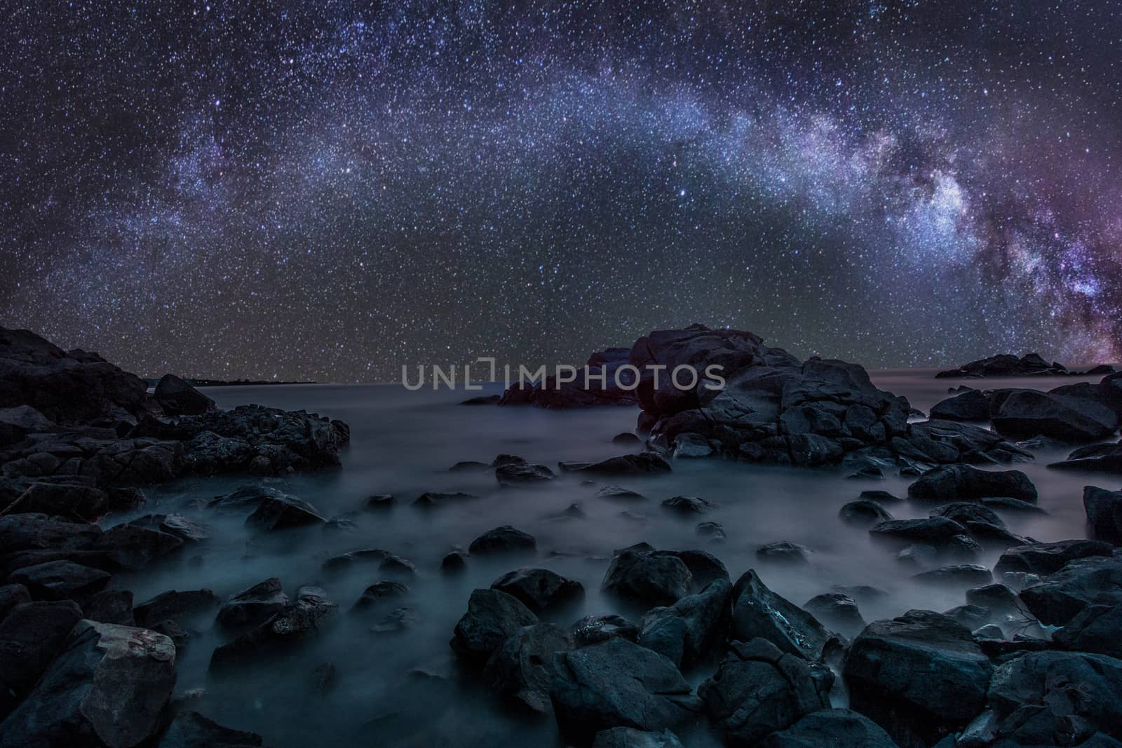Milky Way over the sea. Long exposure night landscape with Milky Way Galaxy above the Black sea