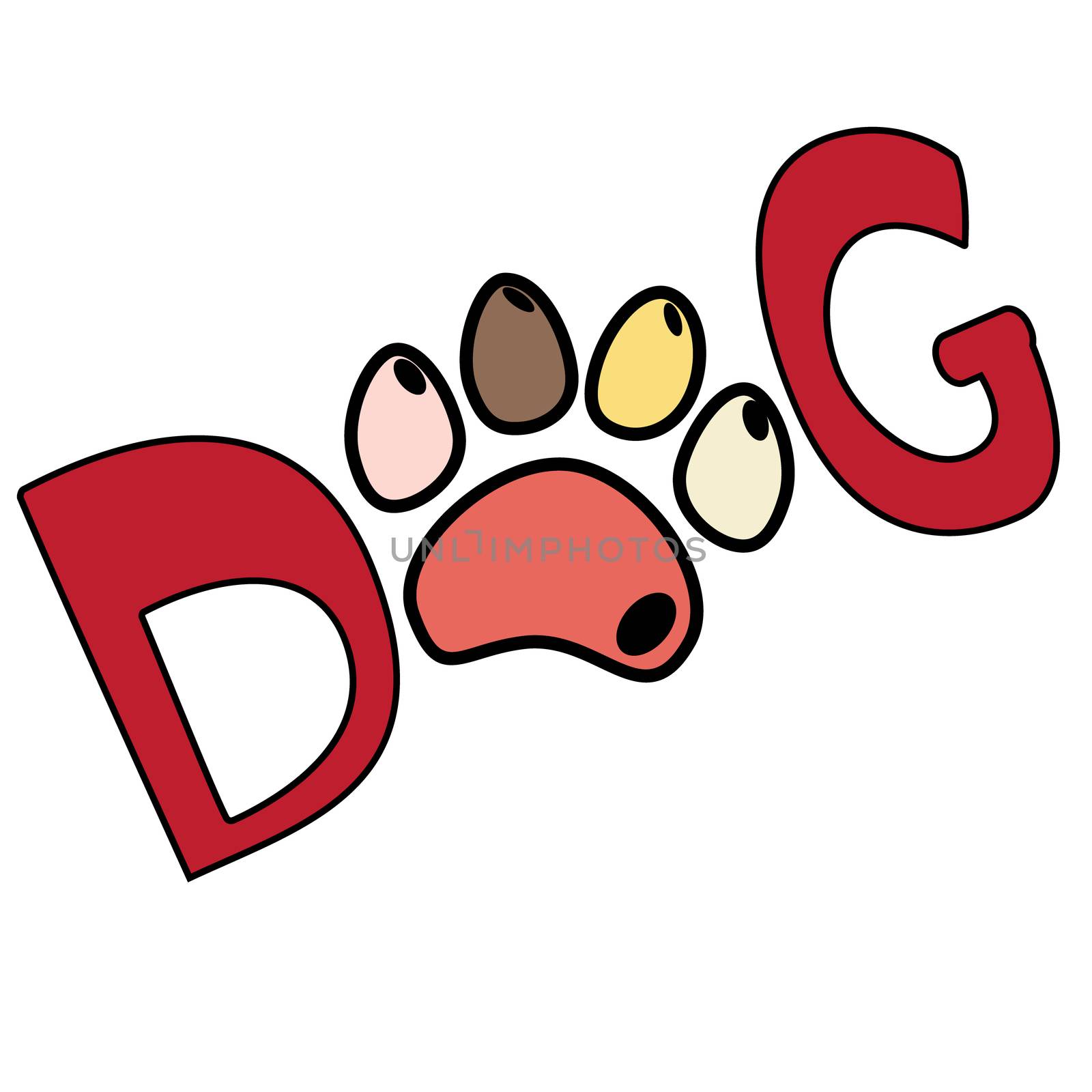 Dog red text word print with colorful paw isolated on background.