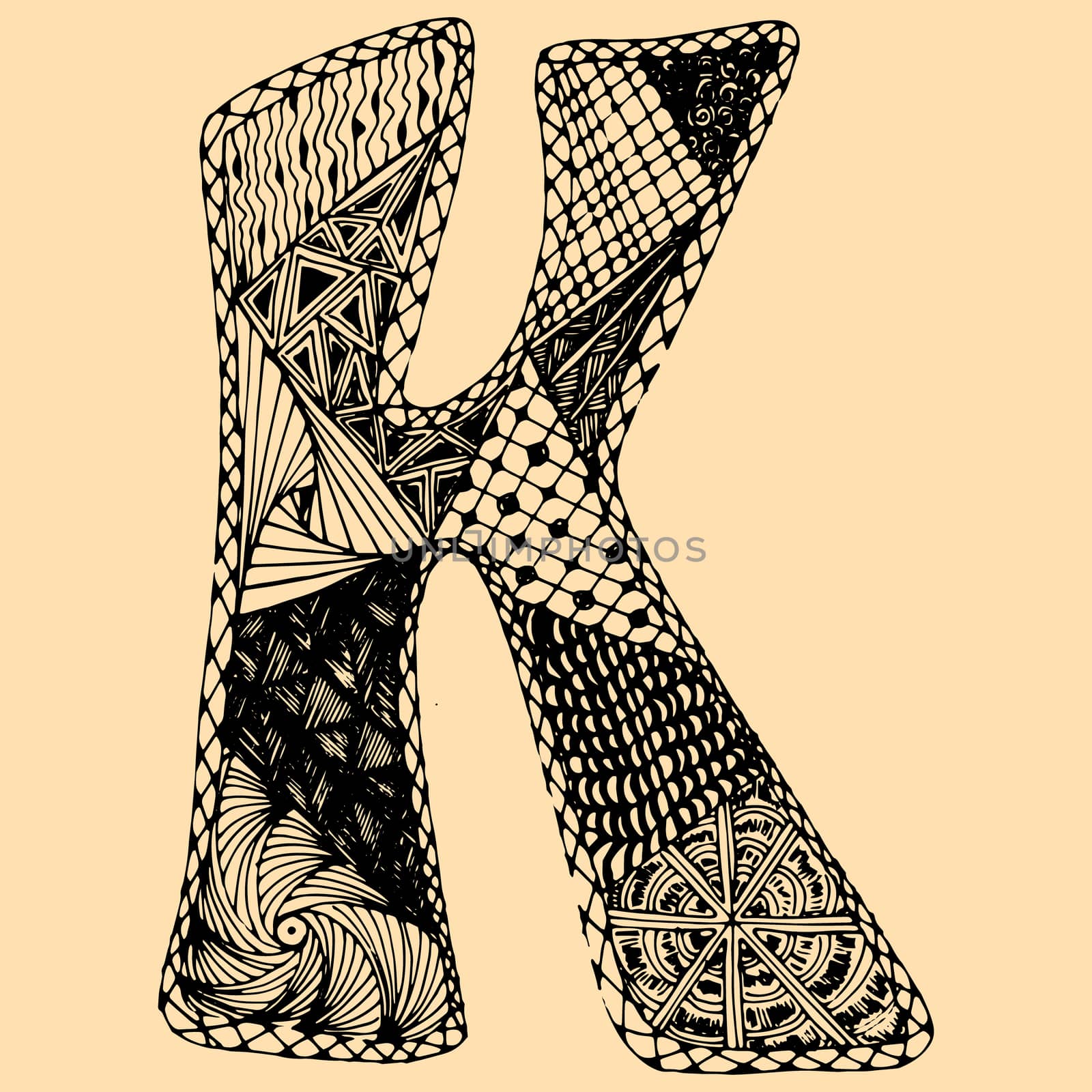 Sketchy letter K on light background. Free hand drawn. illustration.