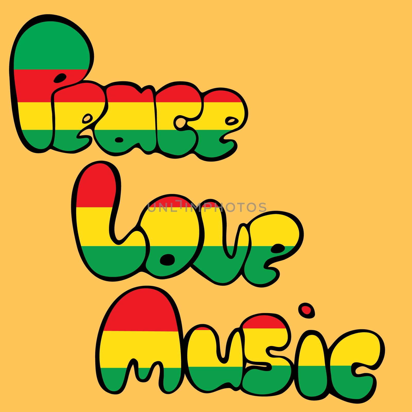 Design of Peace, Love and Music in bubble style in green, yellow and red colors.