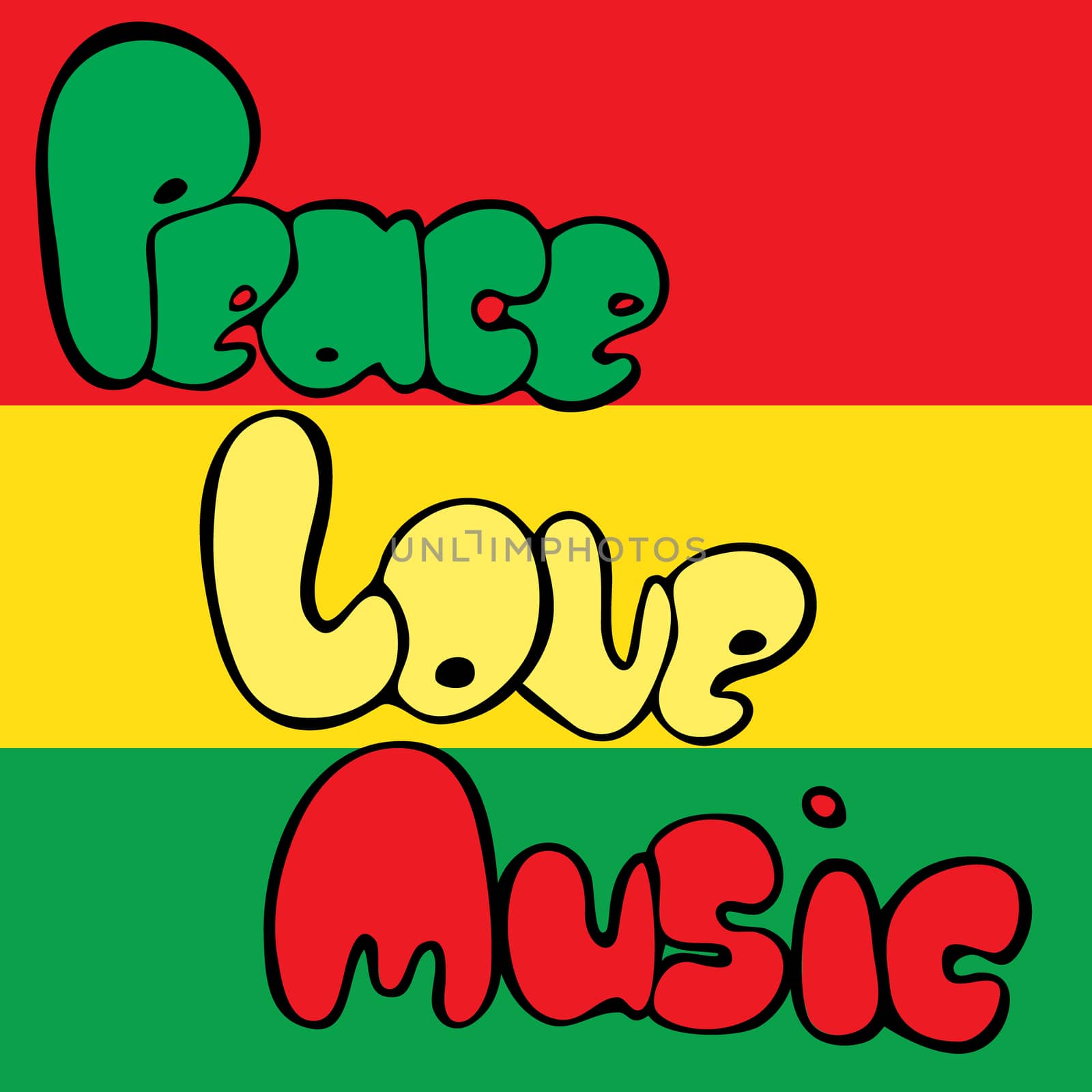 Design of Peace, Love and Music in bubble style in green, yellow and red colors.
