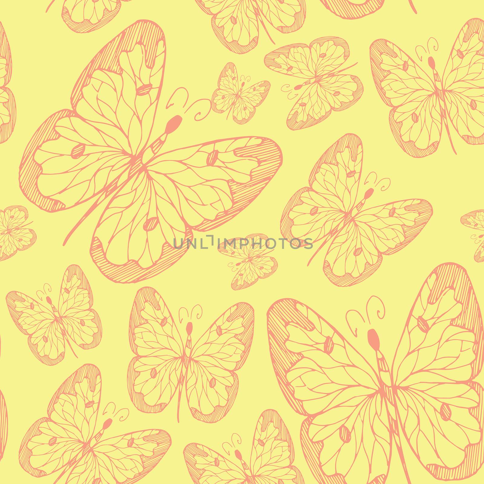 Seamless abstract pattern background with flying hand drawn butterflies. Design for textile or paper.