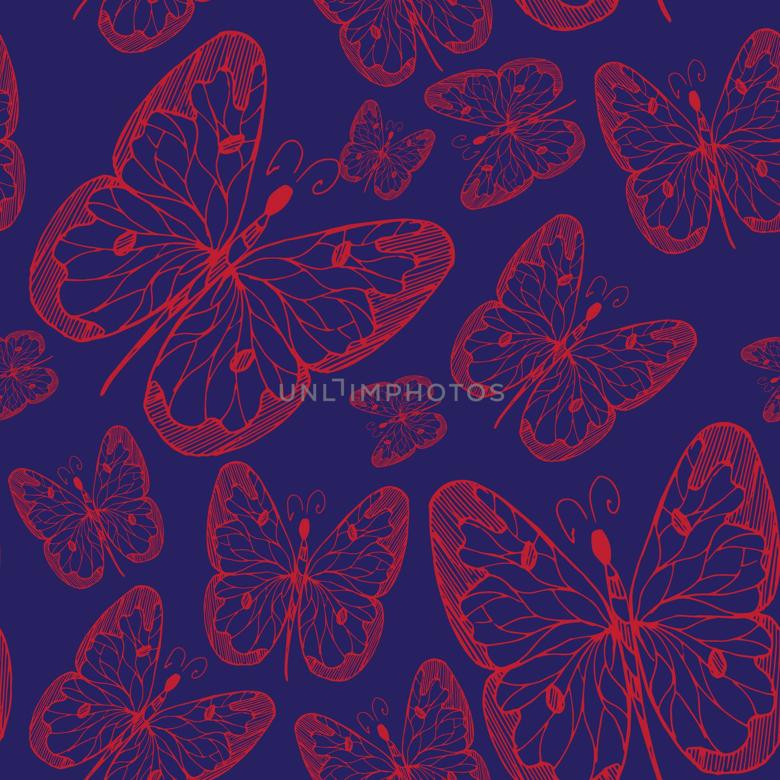 Seamless abstract pattern background with flying hand drawn butterflies. Design for textile or paper.