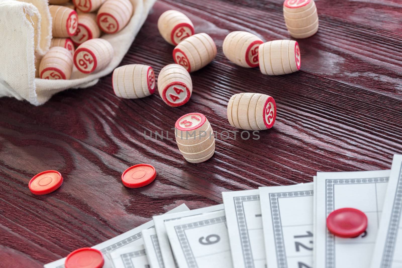 Board game lotto on red background, lottery