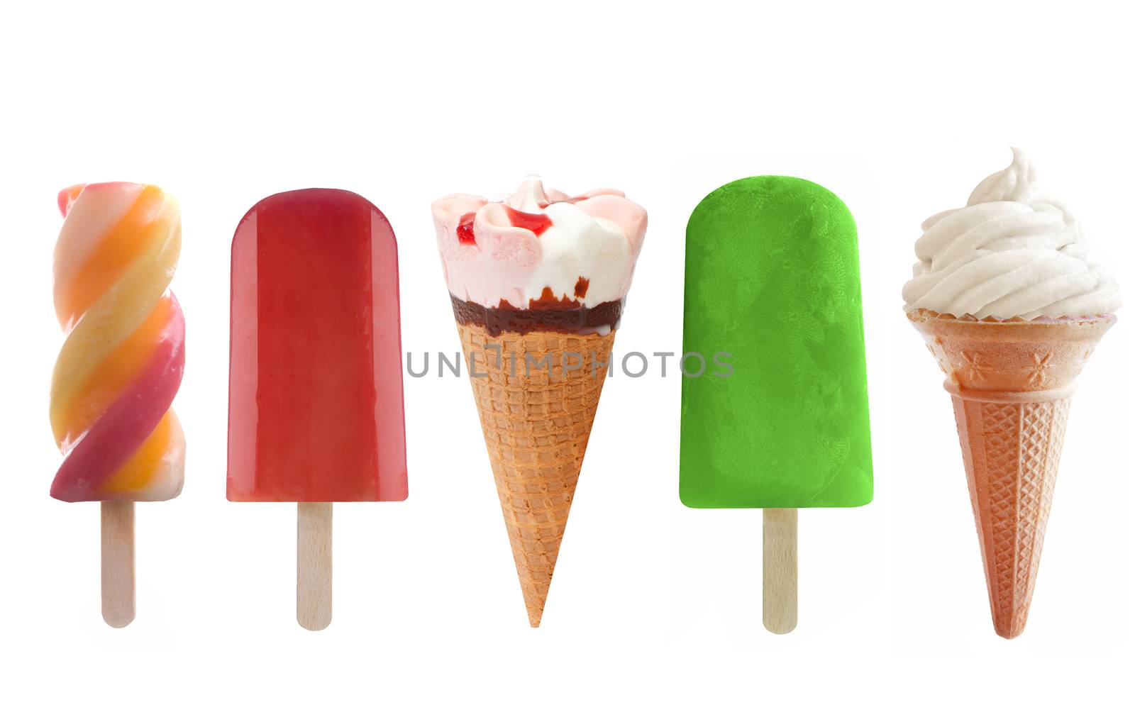 Set of five frozen lollies and icecream over a white background
