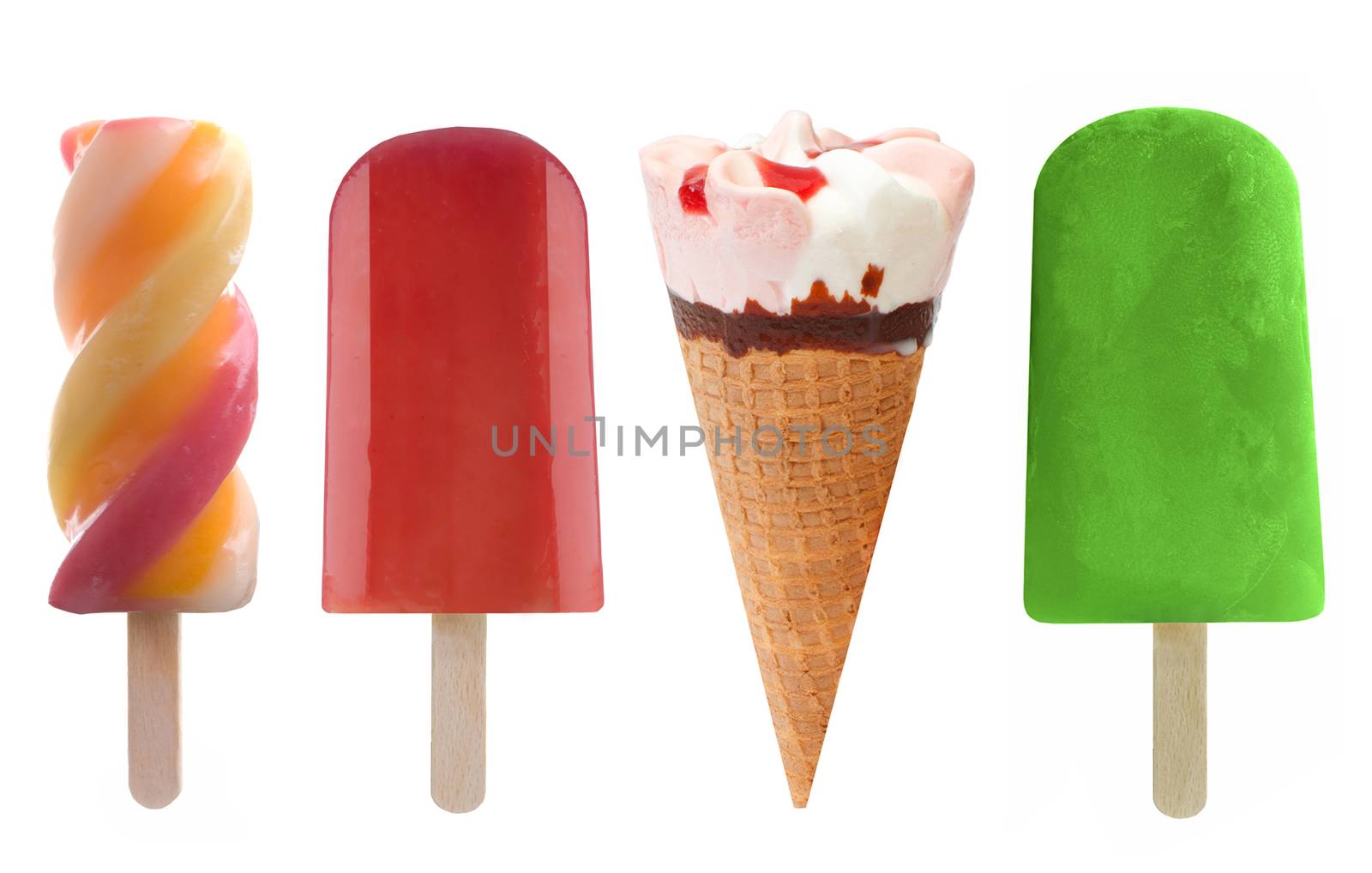 Set of four frozen lollies and icecream over a white background