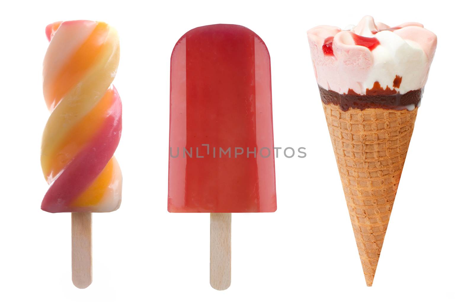 Set of three frozen lollies and icecream over a white background