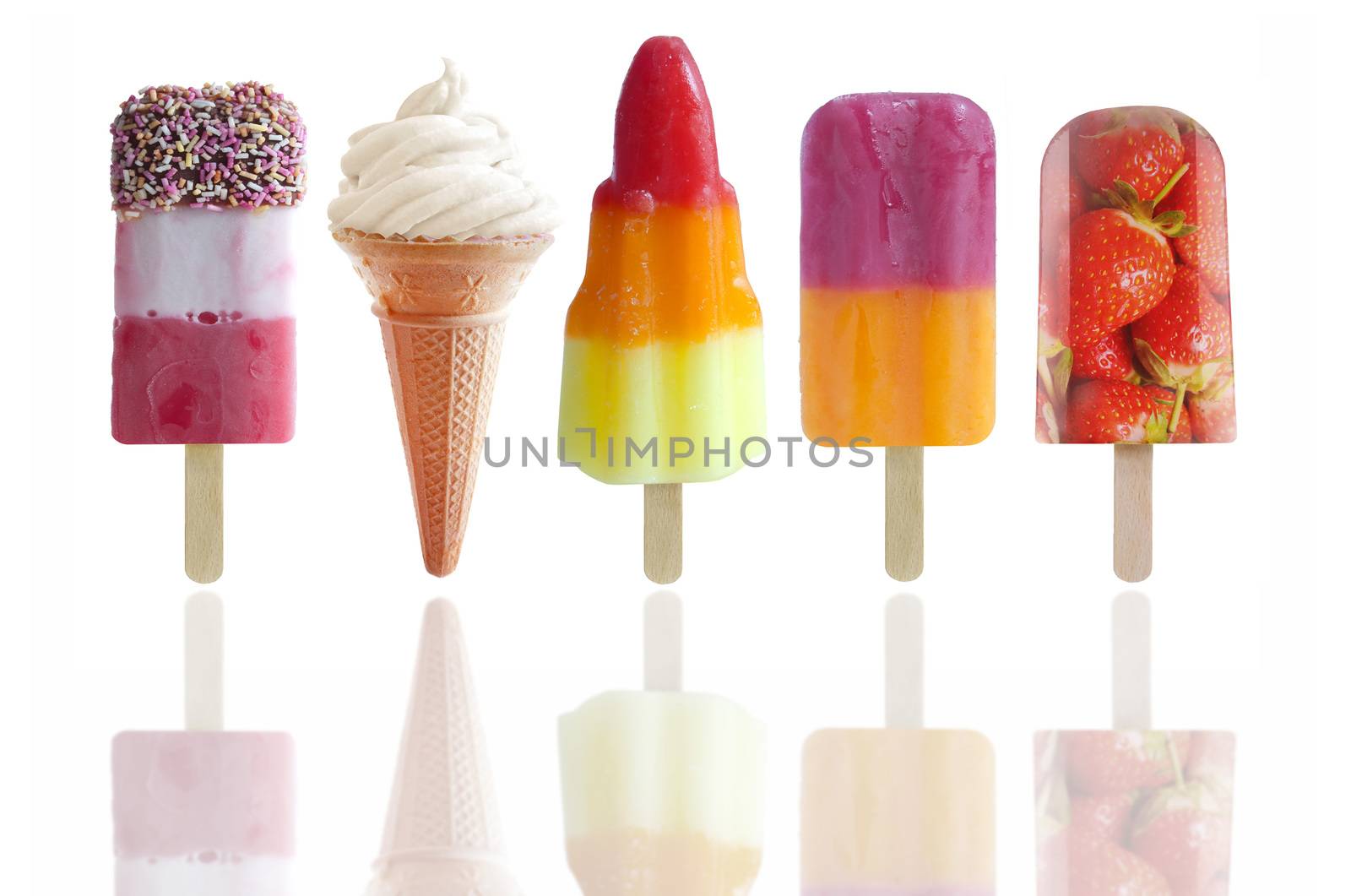 Five assorted icecream and frozen lollies over a white background