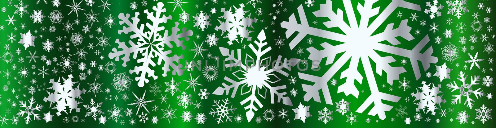 A banner of silver christmas snowflakes on a green background.