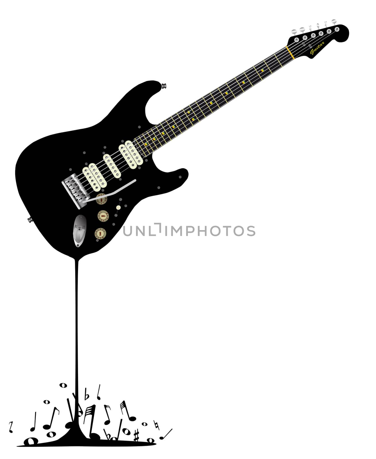 A black rock guitar melting down with musical notes spashing around at the base.
