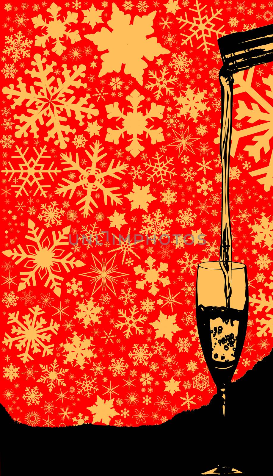 Pouring wine into a tall glass over a christmas snowflake background
