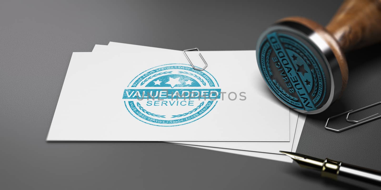 Value added stamp printed on a card with office supplies. 3D illustration.