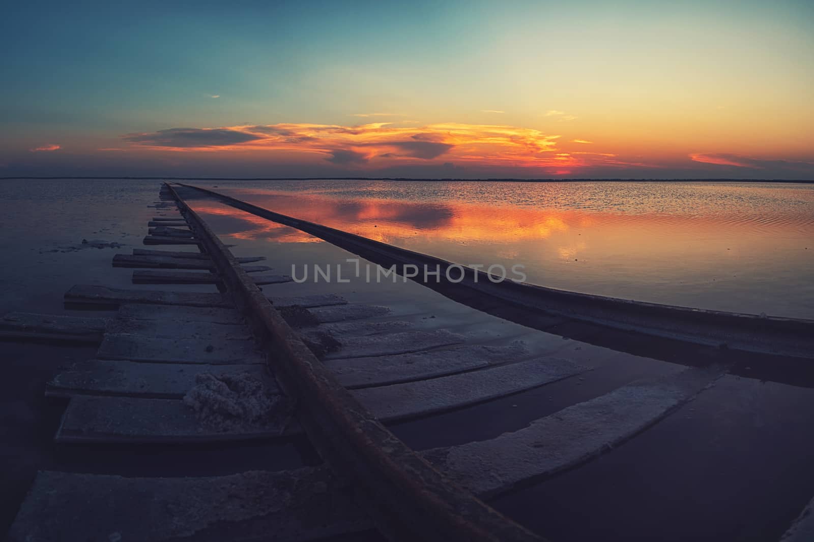 Beauty sunset on salty lake in Altay, Siberia, Russia