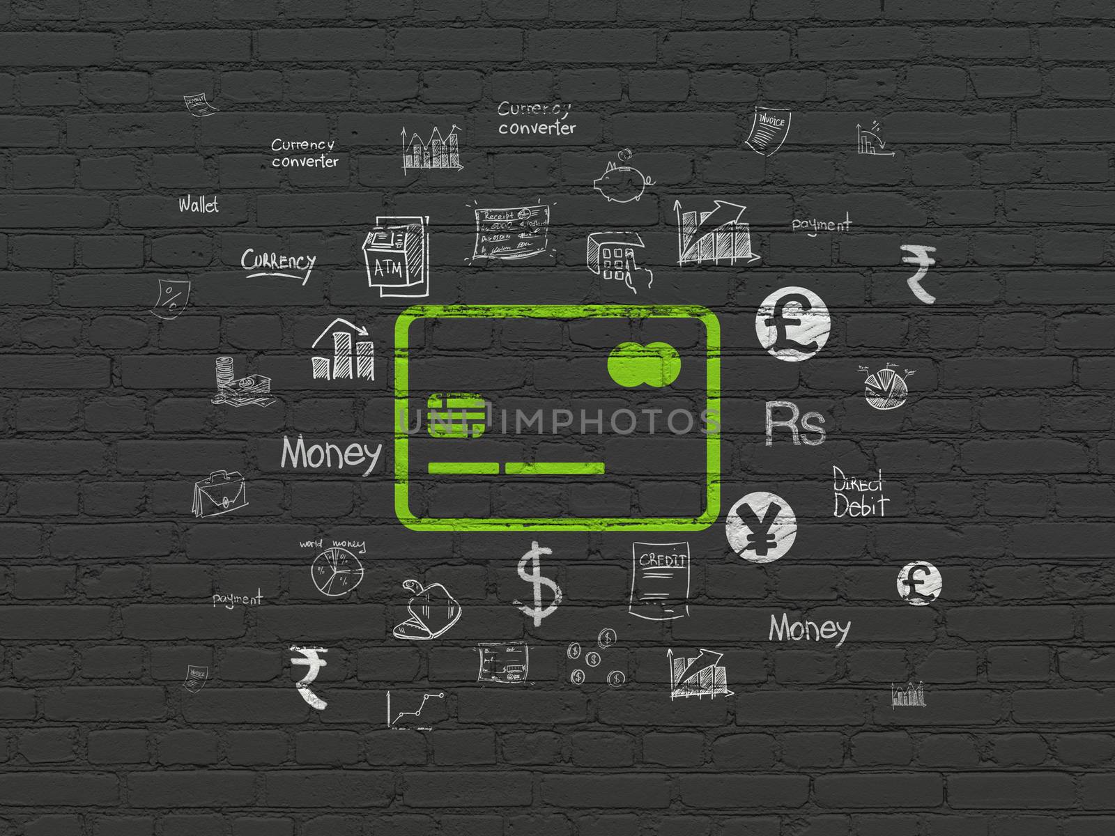Money concept: Painted green Credit Card icon on Black Brick wall background with  Hand Drawn Finance Icons