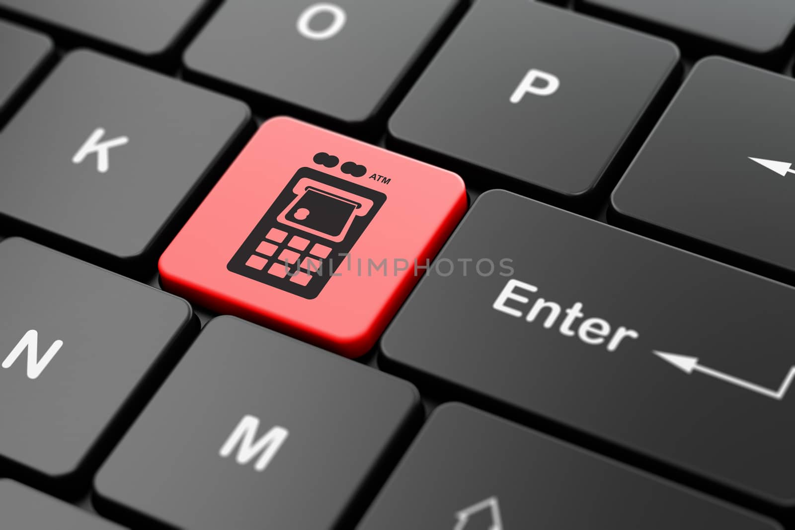 Currency concept: computer keyboard with ATM Machine icon on enter button background, 3D rendering