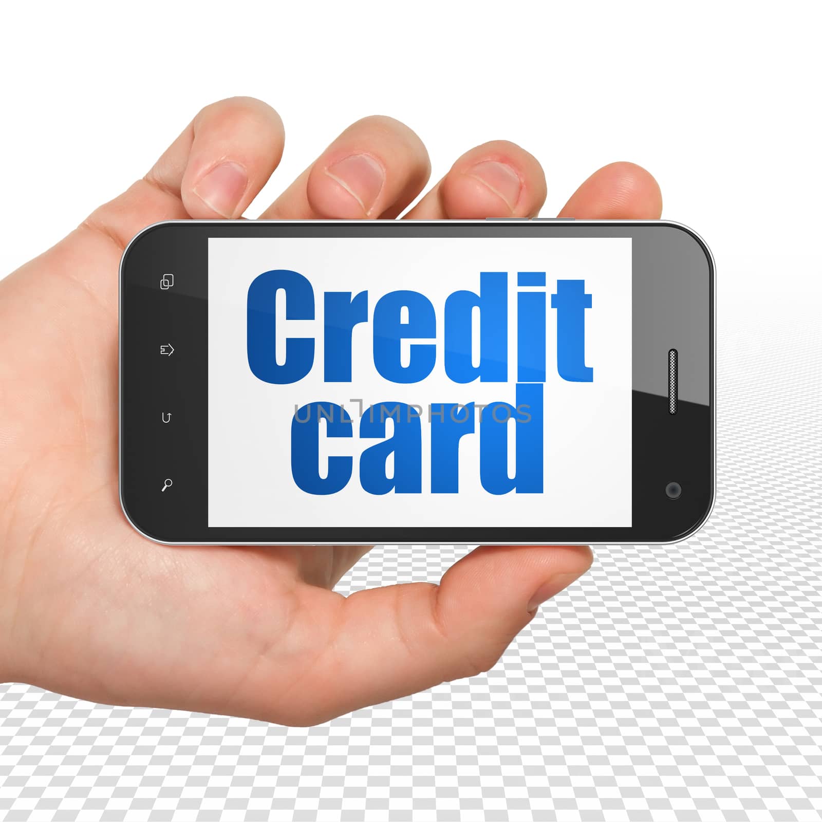 Banking concept: Hand Holding Smartphone with  blue text Credit Card on display,  Tag Cloud background, 3D rendering