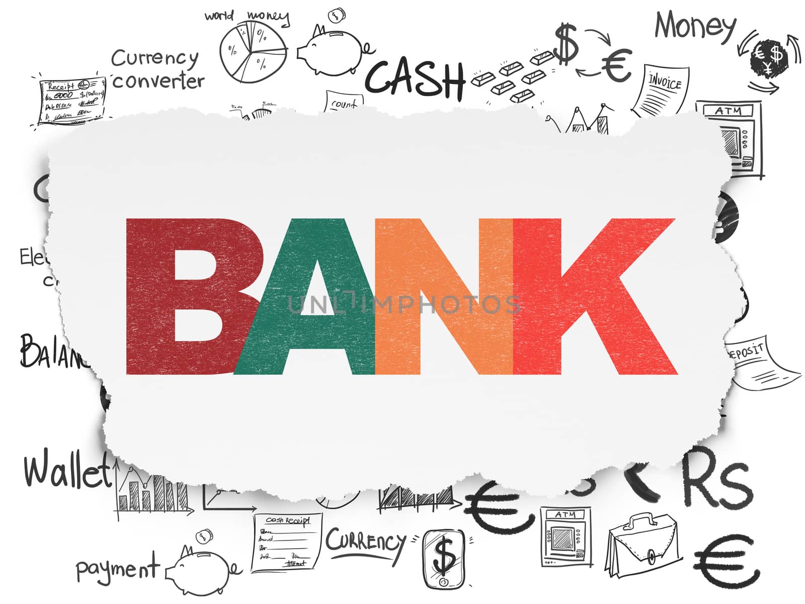 Banking concept: Painted multicolor text Bank on Torn Paper background with  Hand Drawn Finance Icons