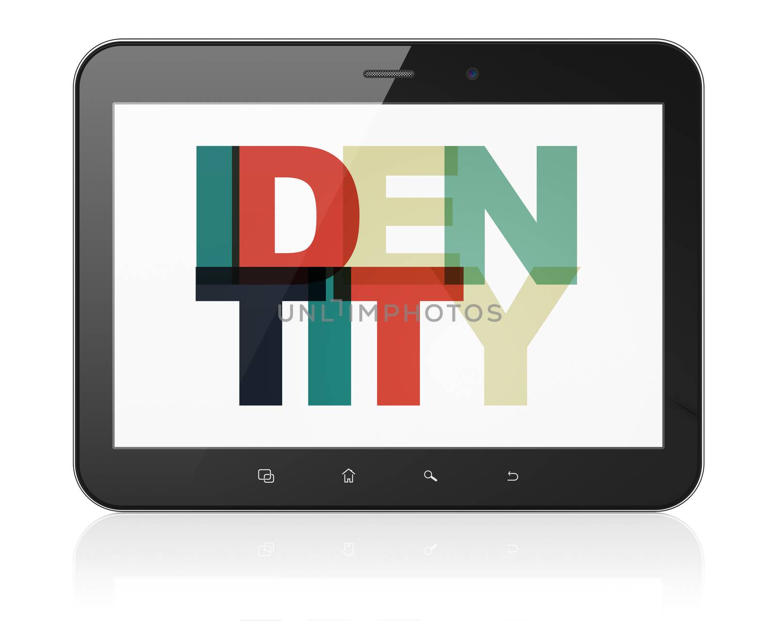 Privacy concept: Tablet Computer with Painted multicolor text Identity on display, 3D rendering