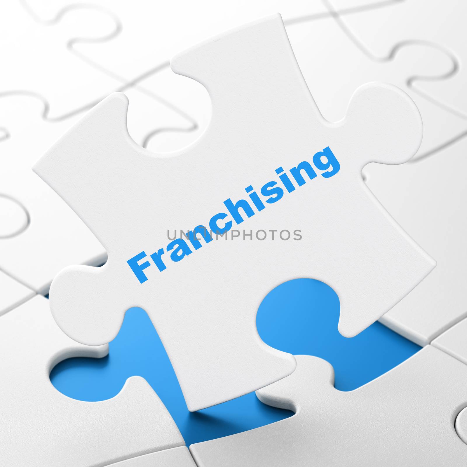 Business concept: Franchising on White puzzle pieces background, 3D rendering