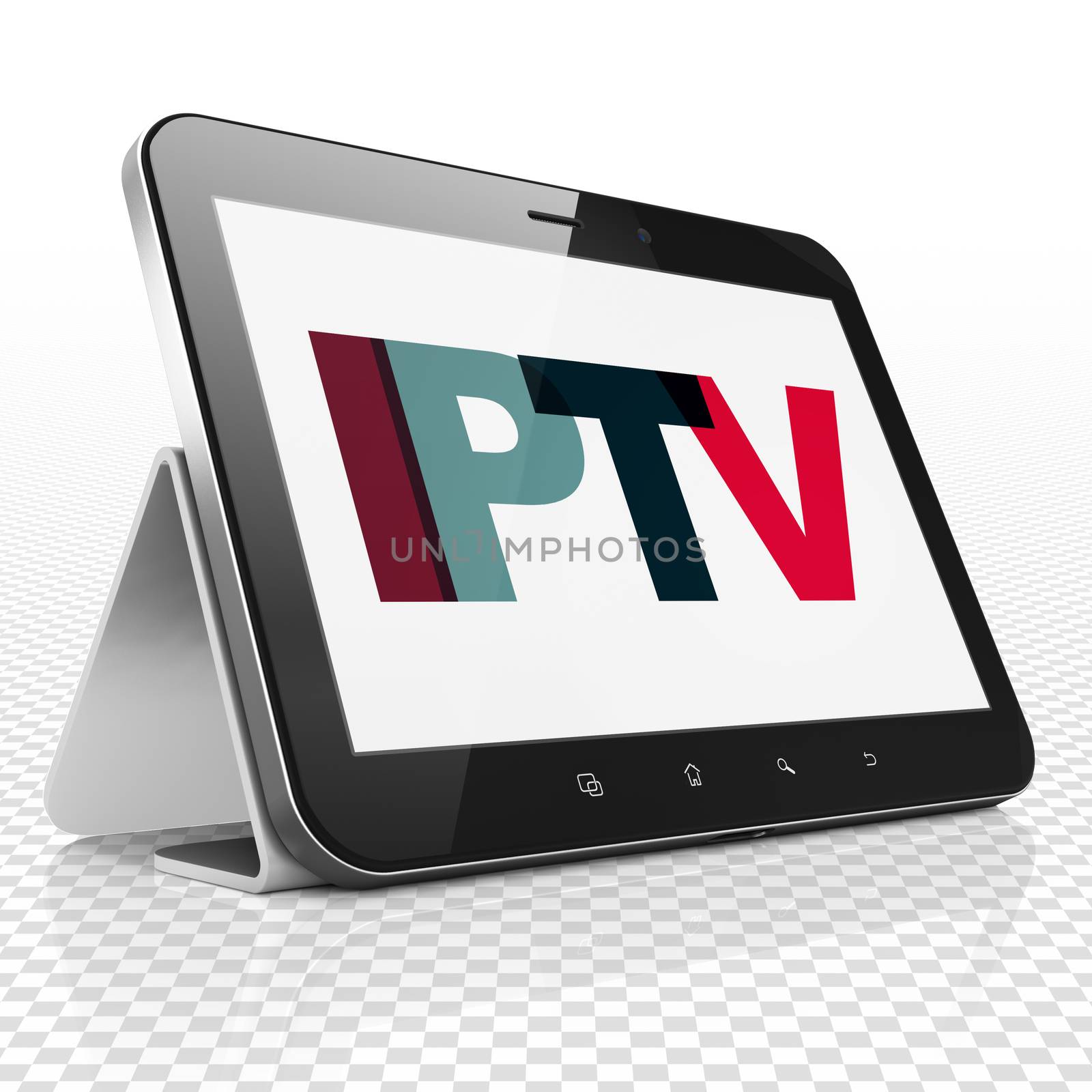 Web design concept: Tablet Computer with Painted multicolor text IPTV on display, 3D rendering