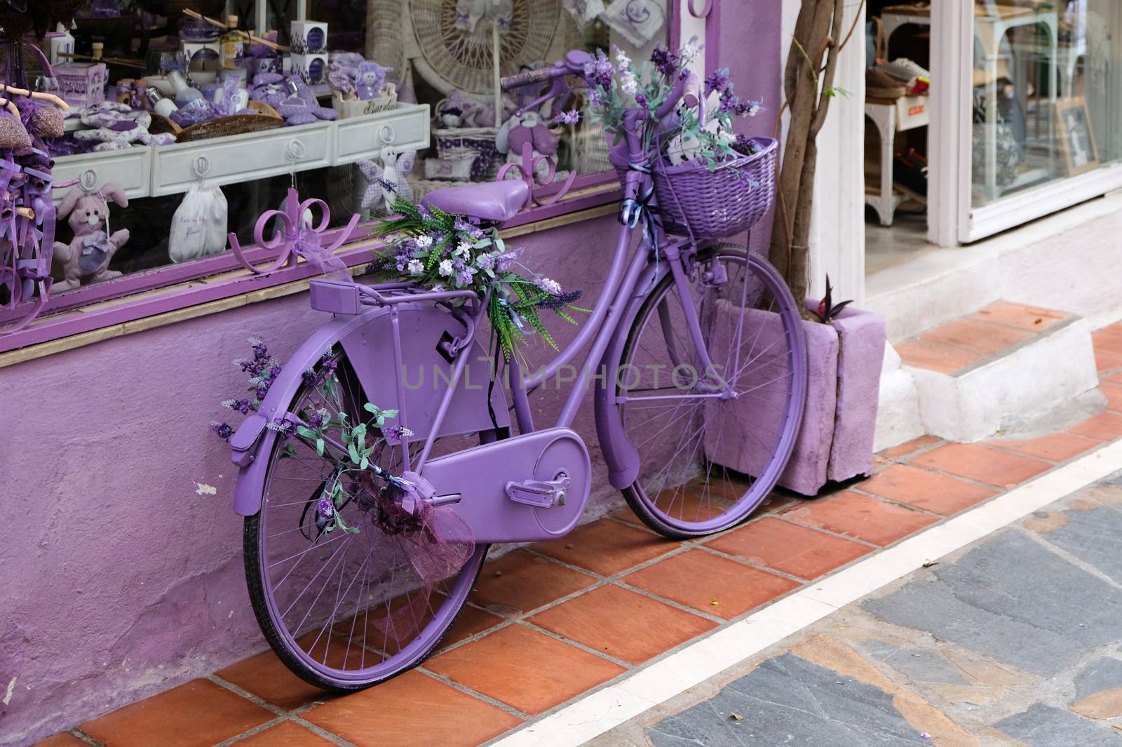 Lavender Bicycle outside a Shop  in Marbella