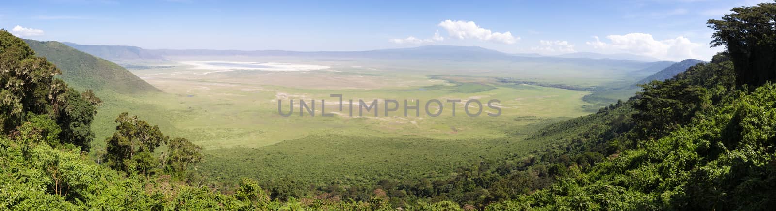 Panoramiv view of volcanic crater of Ngorongoro, Tanzania known as Ngorongoro wildlife Conservation Area.