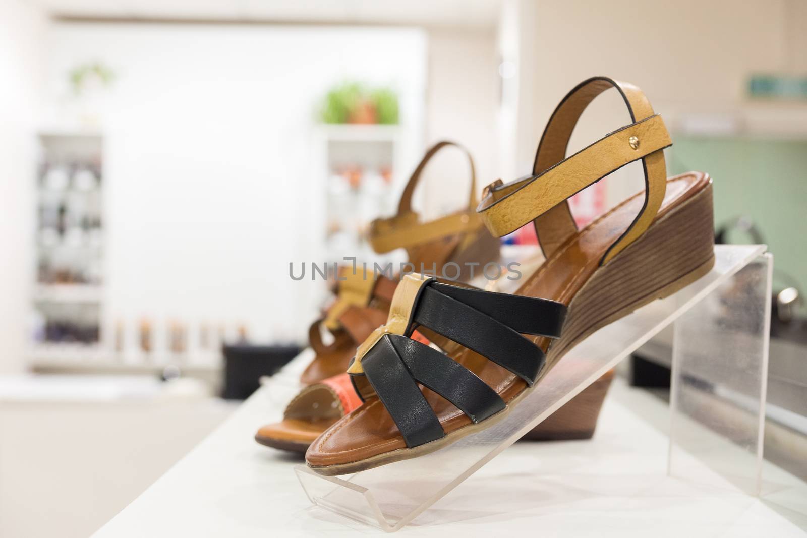 Women's shoes in a shop window in a store, Russia