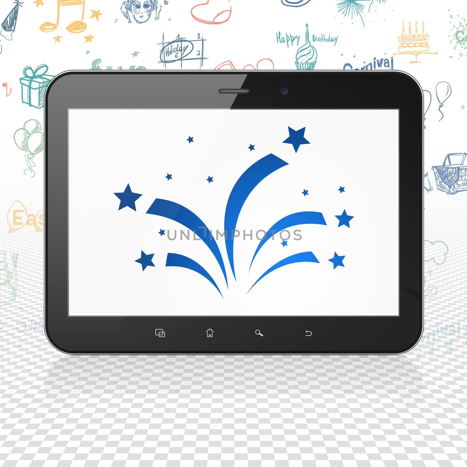 Holiday concept: Tablet Computer with  blue Fireworks icon on display,  Hand Drawn Holiday Icons background, 3D rendering