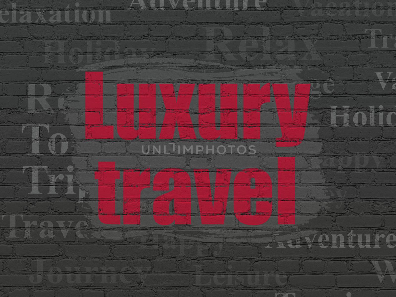 Travel concept: Painted red text Luxury Travel on Black Brick wall background with  Tag Cloud