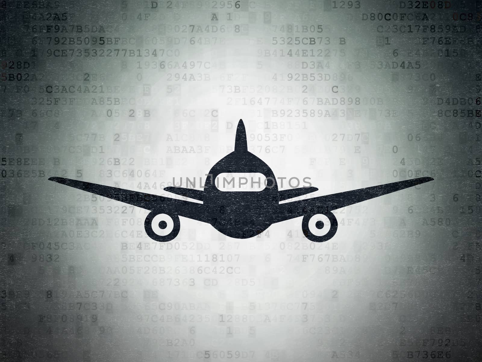 Vacation concept: Painted black Aircraft icon on Digital Data Paper background