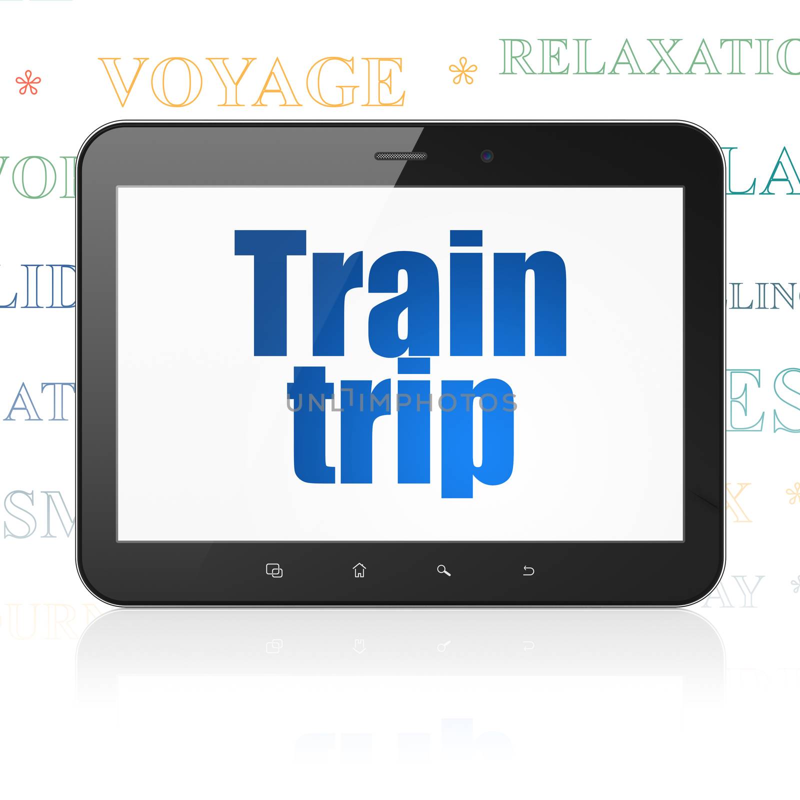 Vacation concept: Tablet Computer with  blue text Train Trip on display,  Tag Cloud background, 3D rendering