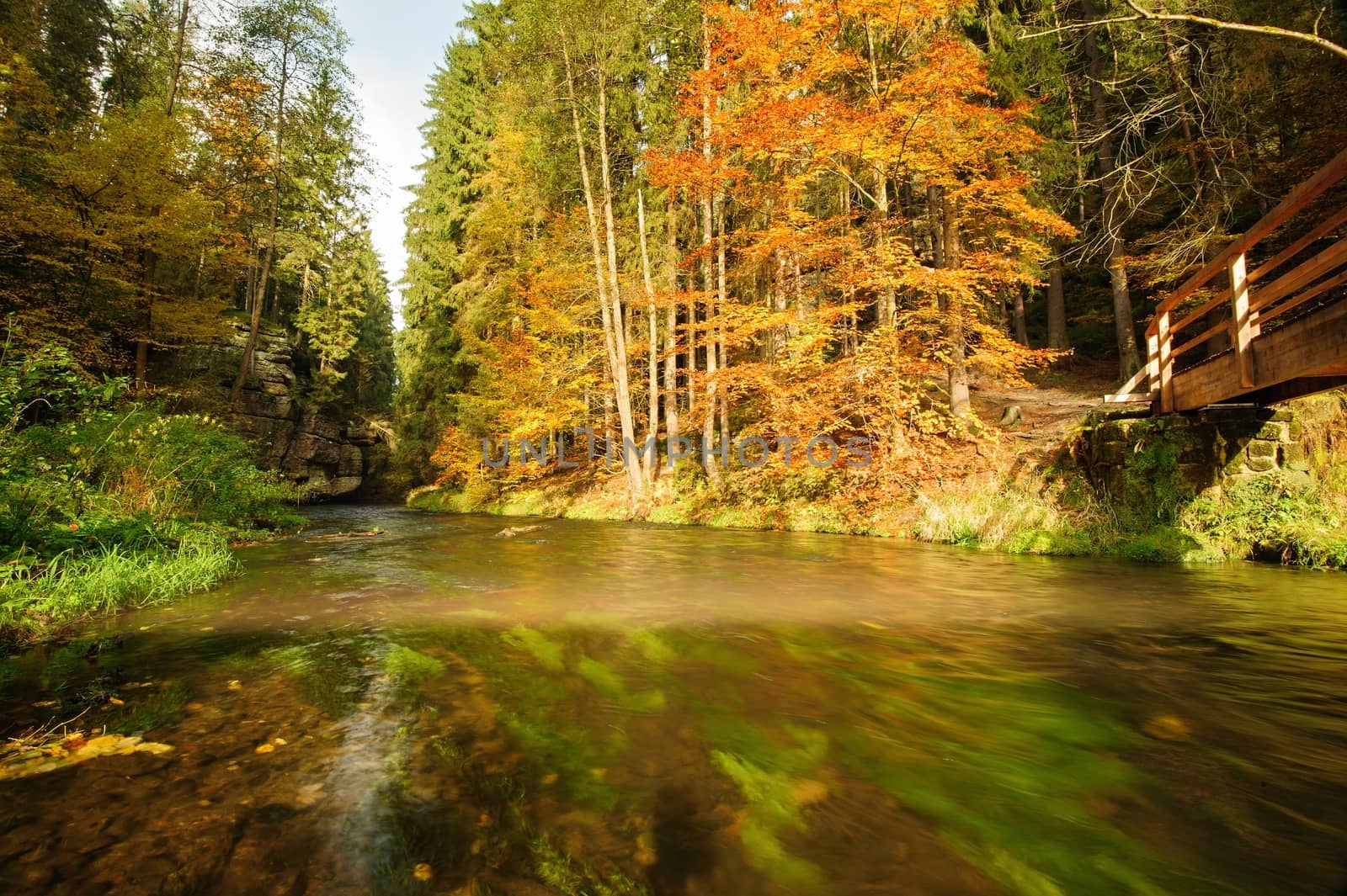 Autumn colored trees, leaves, rocks around the beautiful river