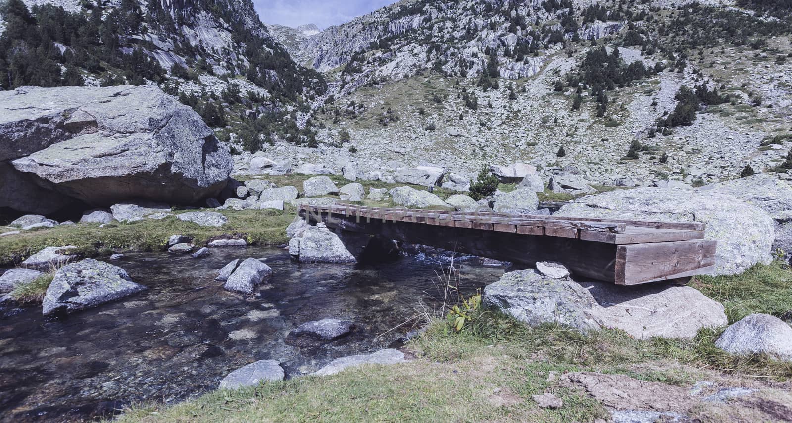 Wooden Bridge  in a river of Pirineos