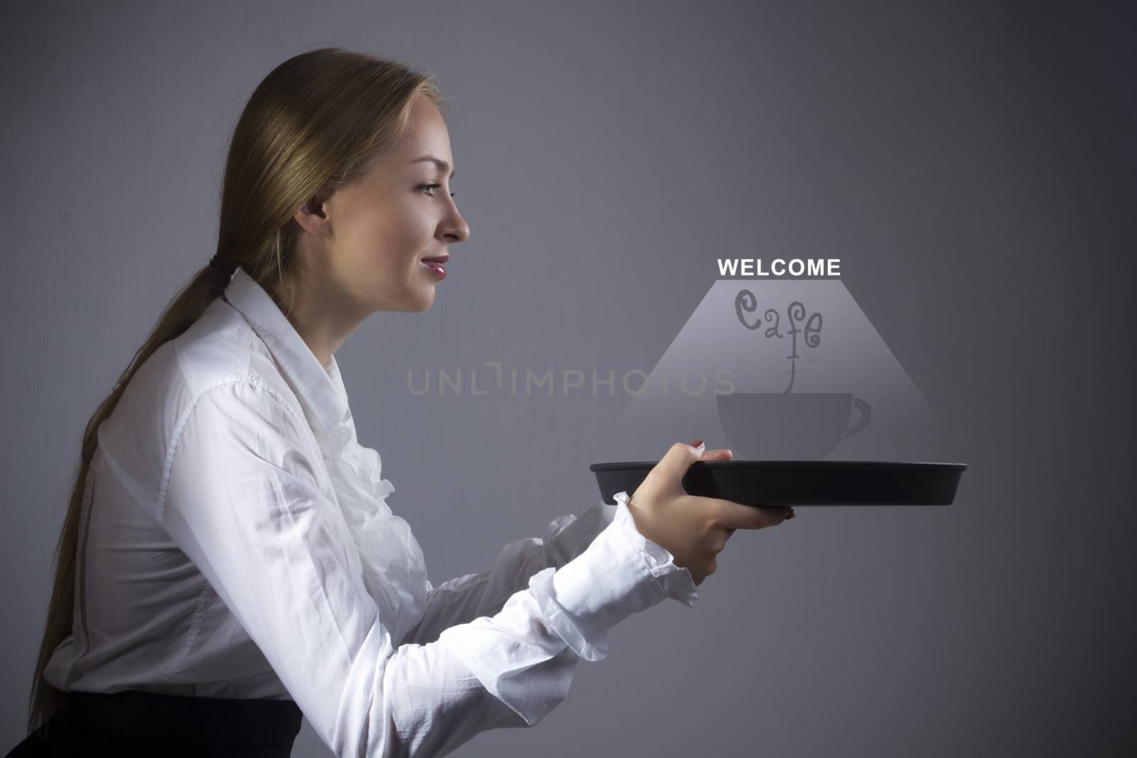 Young woman holding a waitress with a tray by VIPDesignUSA