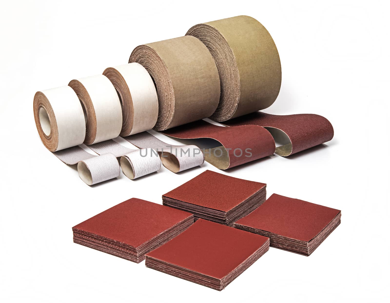 Sandpaper in Rolls and Sheets for Industrial Use in Different Sizes and Thickness on White background