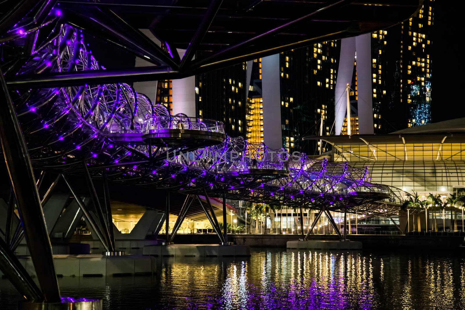 Singapore DNA Inspired Helix Bridge Illuminated at Night
