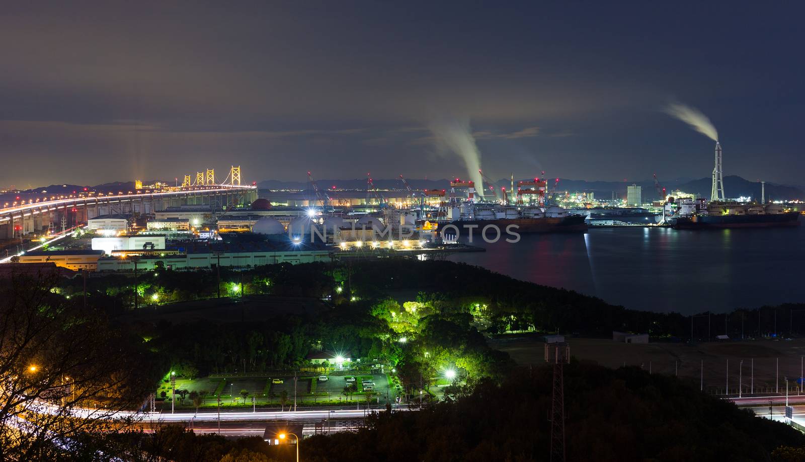 Great Seto Bridge and industrial district at night