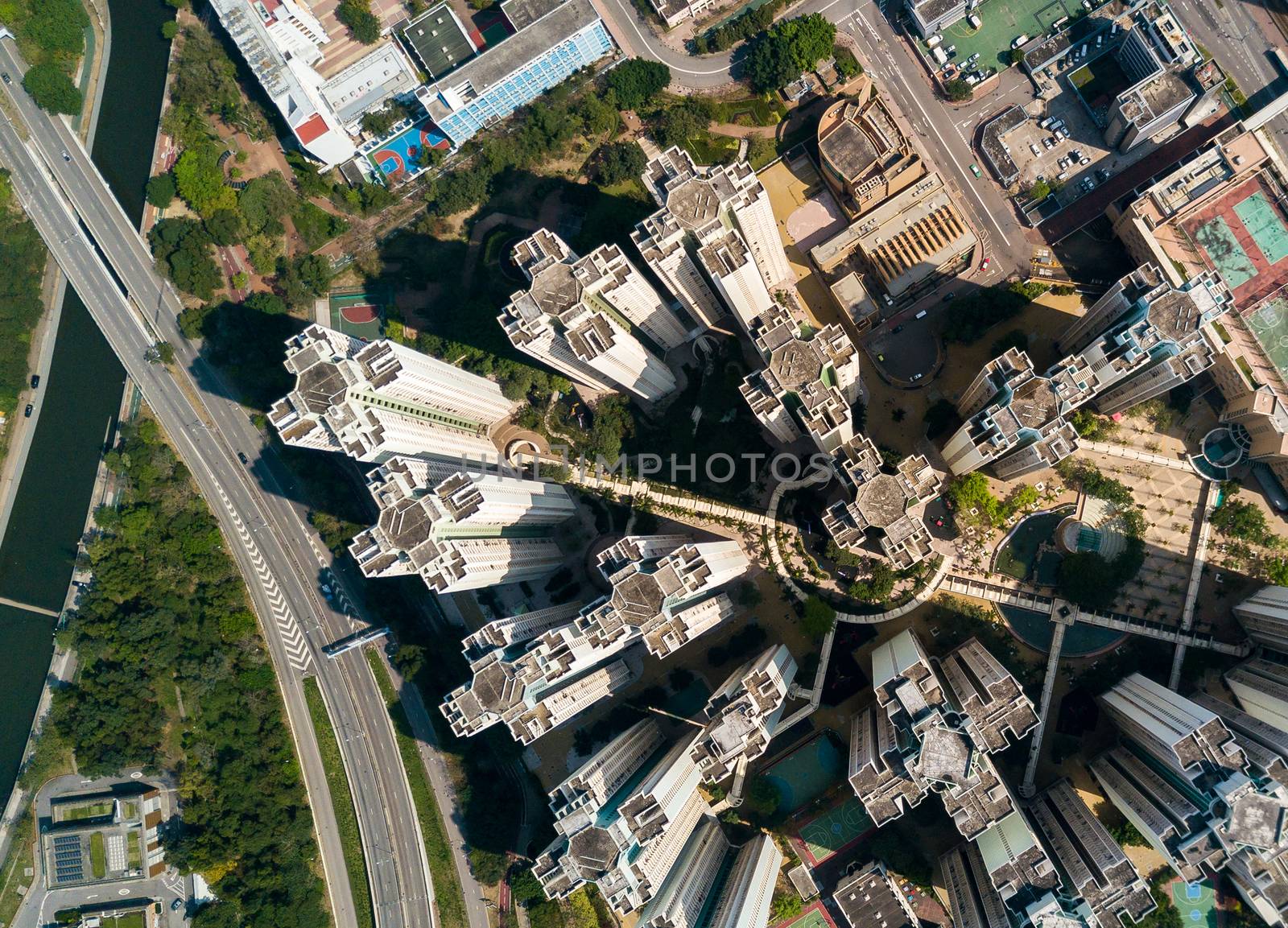 Top view of apartment building in Hong Kong by leungchopan