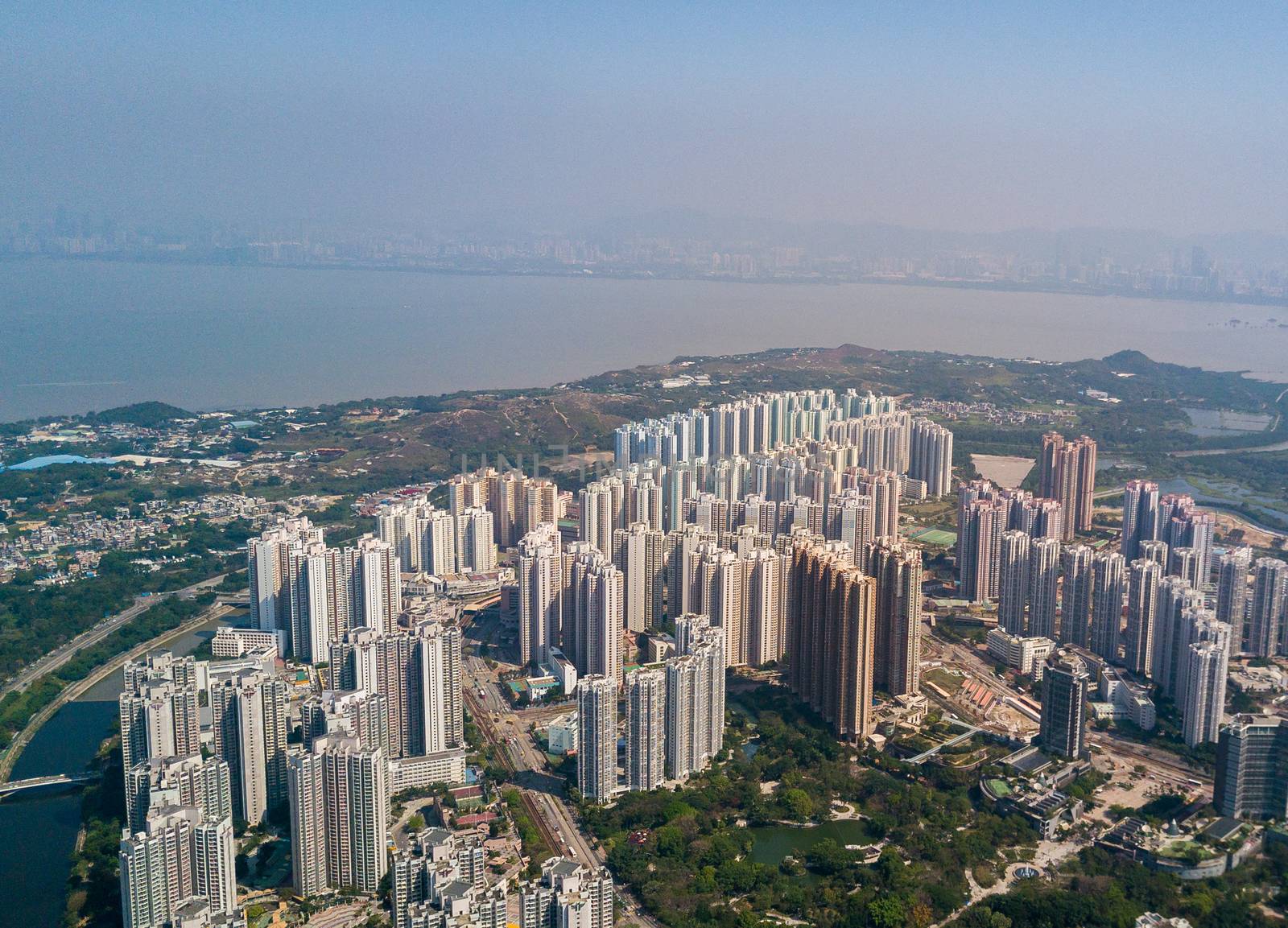 Aerial view of Hong Kong cityscape by leungchopan